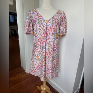 Floral Pink V-Neck Puff Sleeve Mini Dress